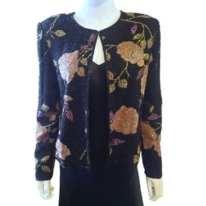 Vintage ANDRETTA DONATELLO Beaded Floral Print Silk Chiffon Jacket Sz M Blk/Tan